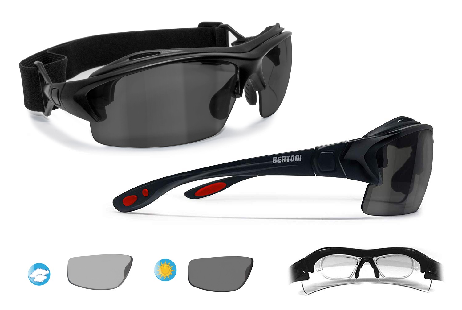 Sportbrille Bikerbrille mit Optik-Clip für Brillenträger Windschutz Band 